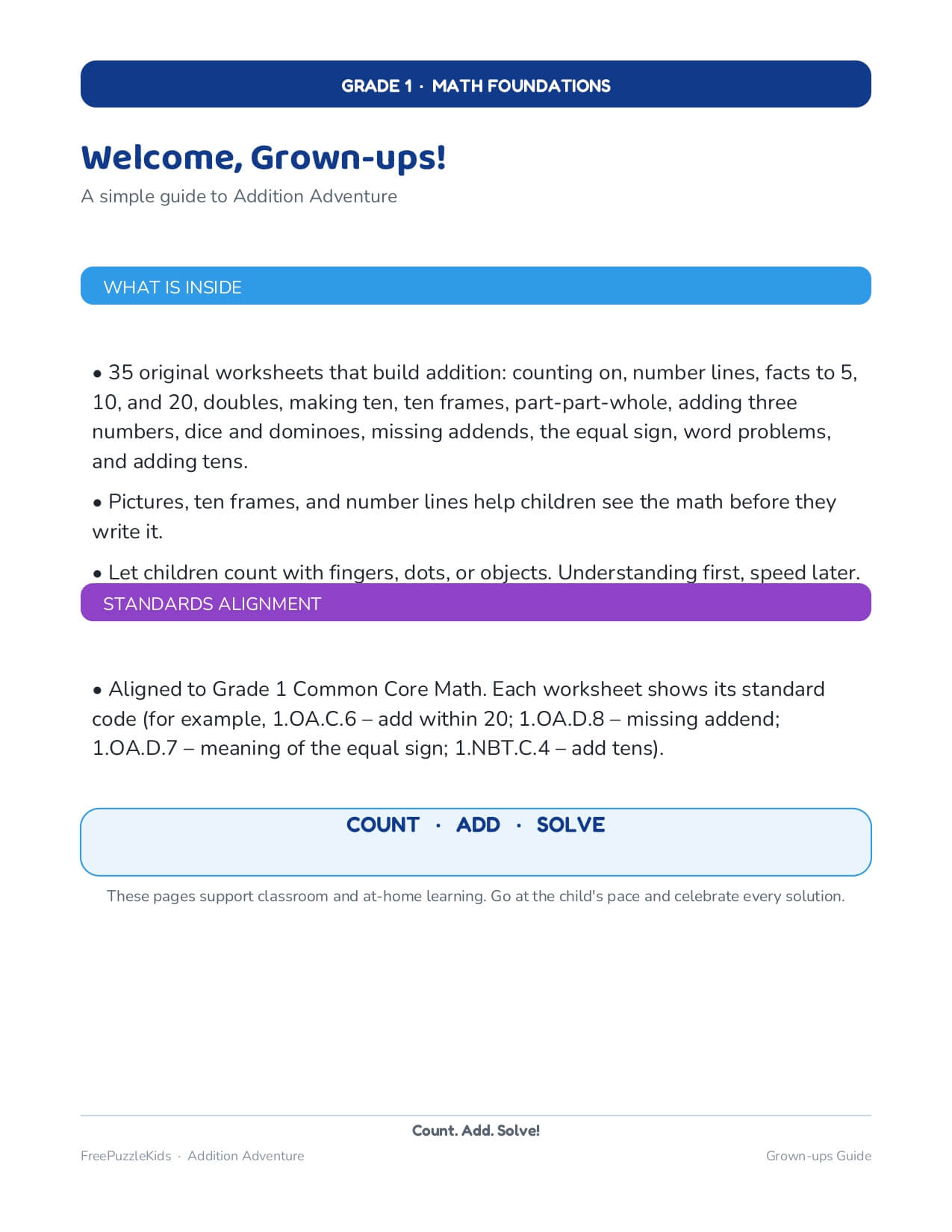 Addition Adventure (Grade 1) – worksheet preview page 6