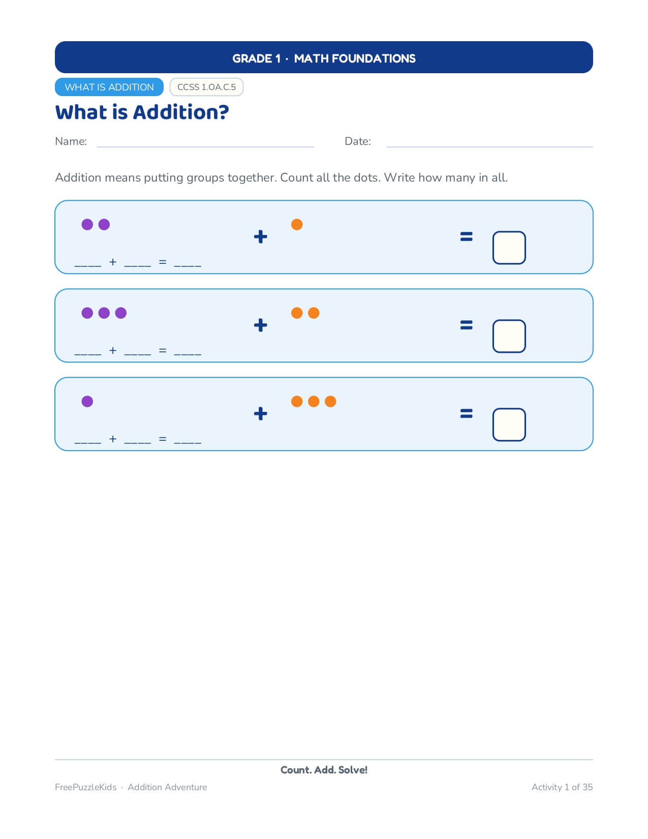Addition Adventure (Grade 1) – worksheet preview page 7