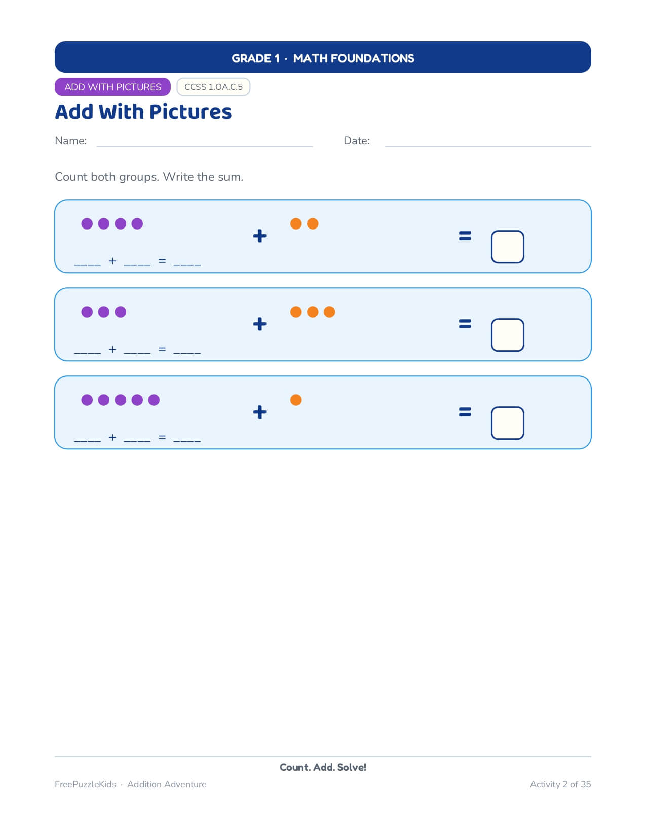 Addition Adventure (Grade 1) – worksheet preview page 8