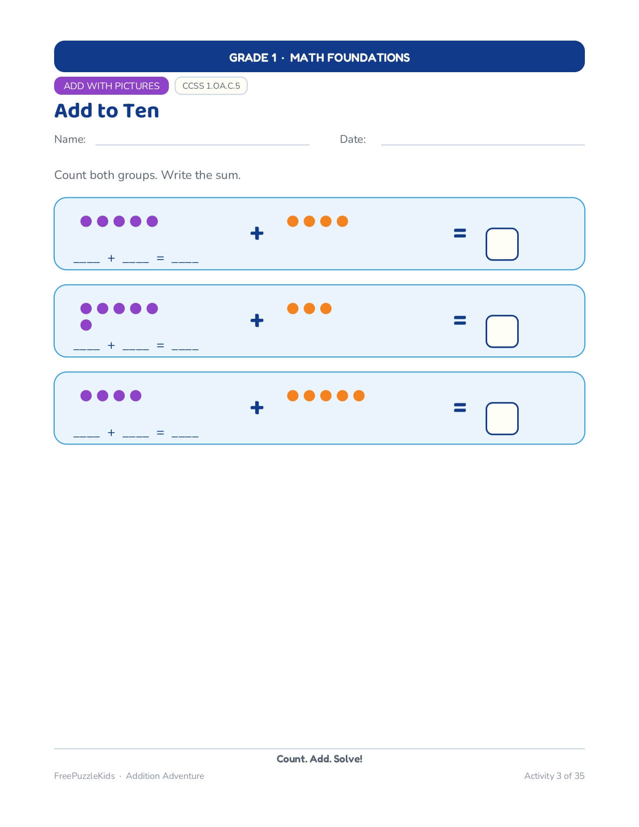 Addition Adventure (Grade 1) – worksheet preview page 9