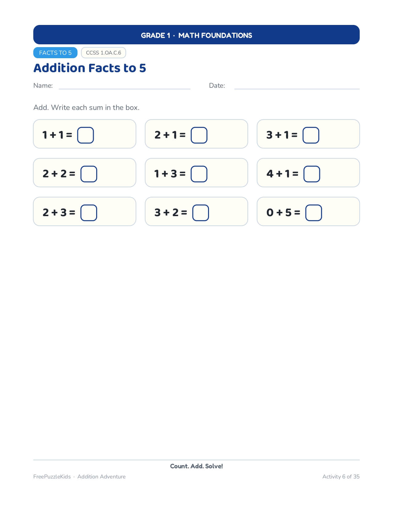 Addition Adventure (Grade 1) – worksheet preview page 12